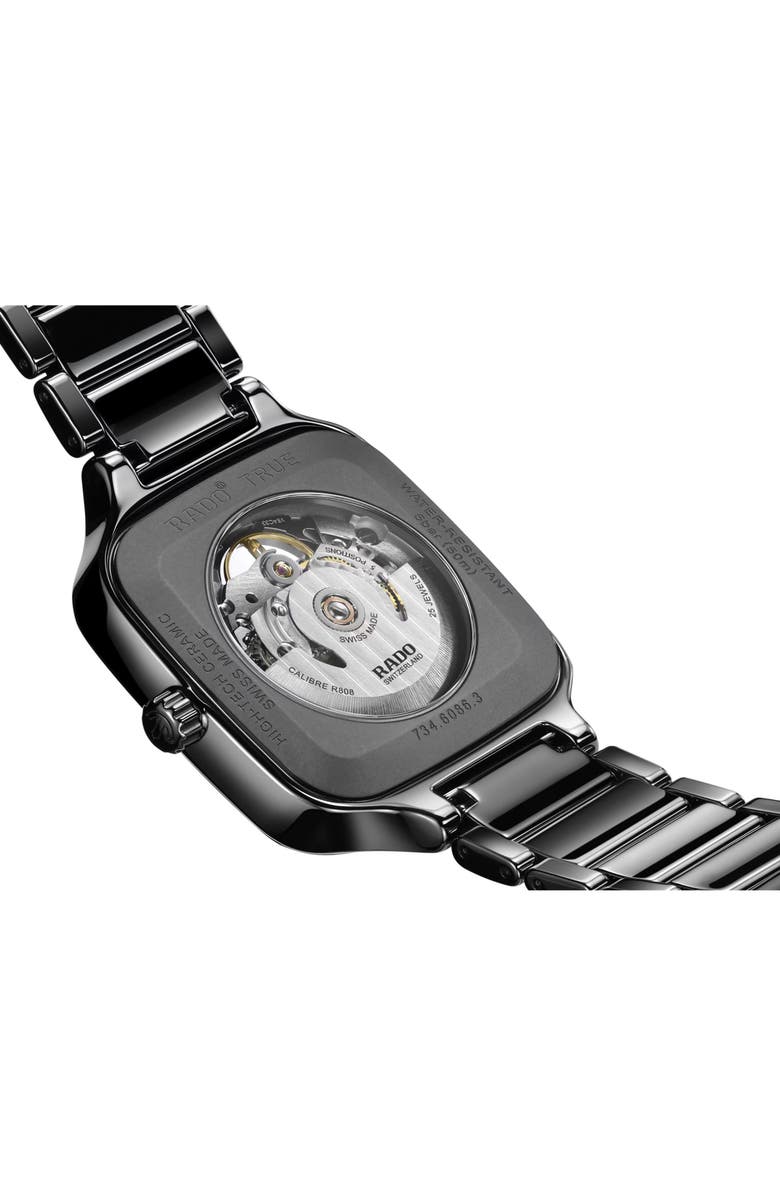 RADO True Square Automatic Skeleton Bracelet Watch, 38mm, Alternate, color, 