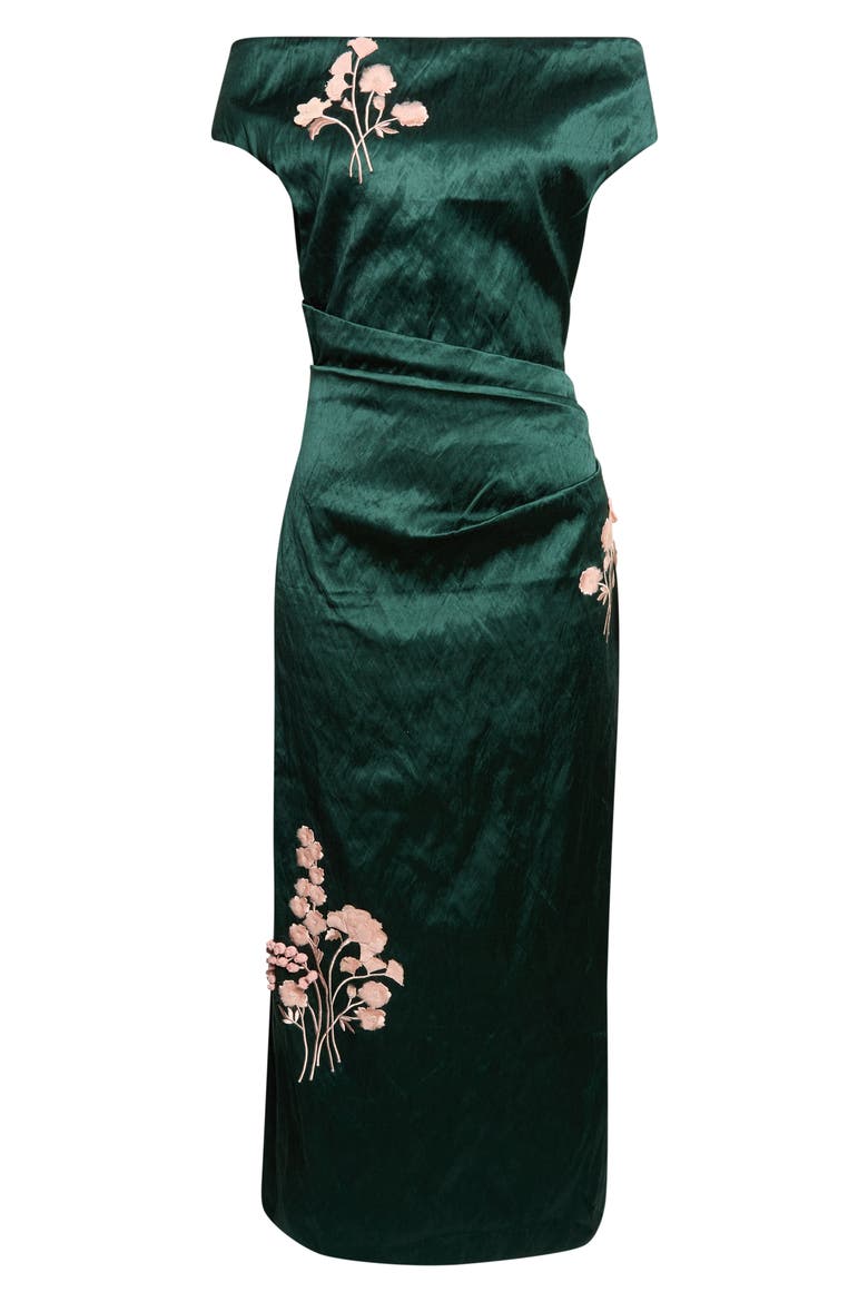 Embroidered Textured Satin Cocktail Dress, Alternate, color, FOREST GREEN