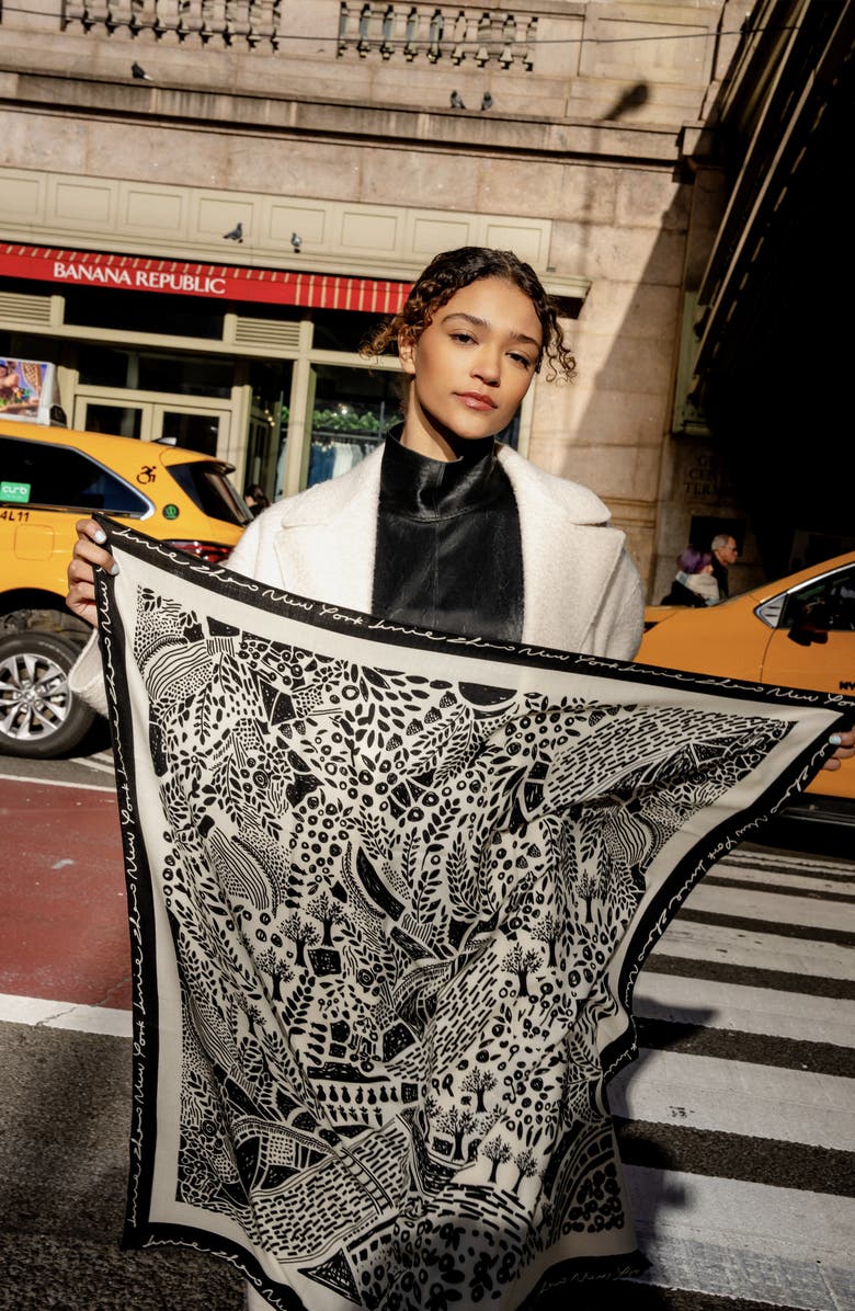 Jessie Zhao New York Double Sided Wool Silk Scarf Of Black Garden, Alternate, color, Black