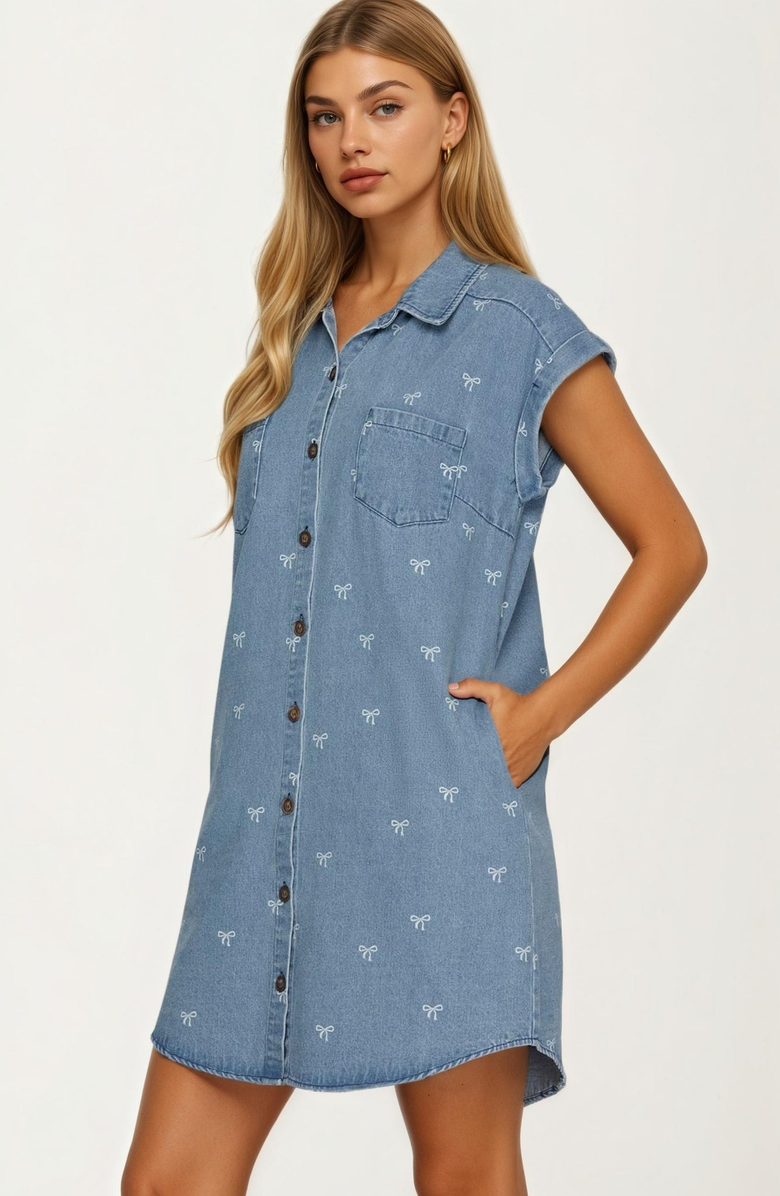 Knit and Lounge Embroidered Denim Shirt Dress with Button Front, Alternate, color, 