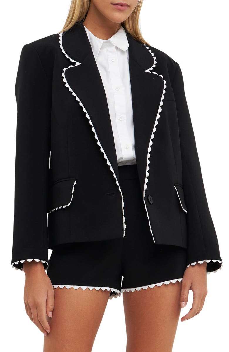 English Factory Rickrack Edge One-Button Blazer, Main, color, Black/ White