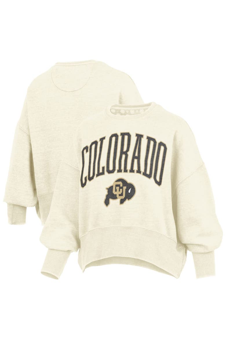 Women's Pressbox Natural Colorado Buffaloes Oversized Waist-Length Crewneck Sweatshirt, Main, color, Natural