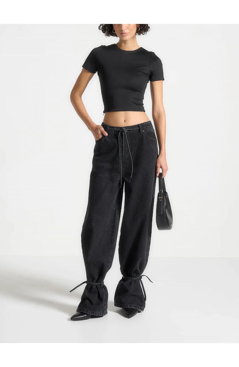 Manière De Voir Faye Wide Mid Rise Jeans with Tie Waist, Alternate, color, Washed Black