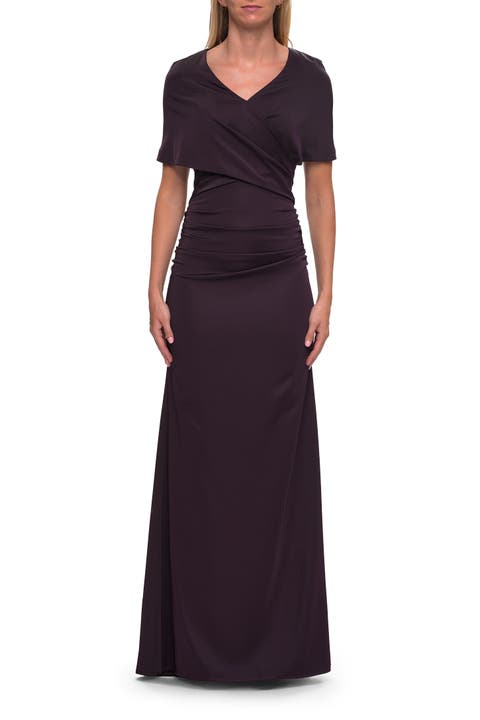 Jersey Gown with Draped Bodice and Short Sleeves