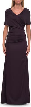 La Femme Jersey Gown with Draped Bodice and Short Sleeves
