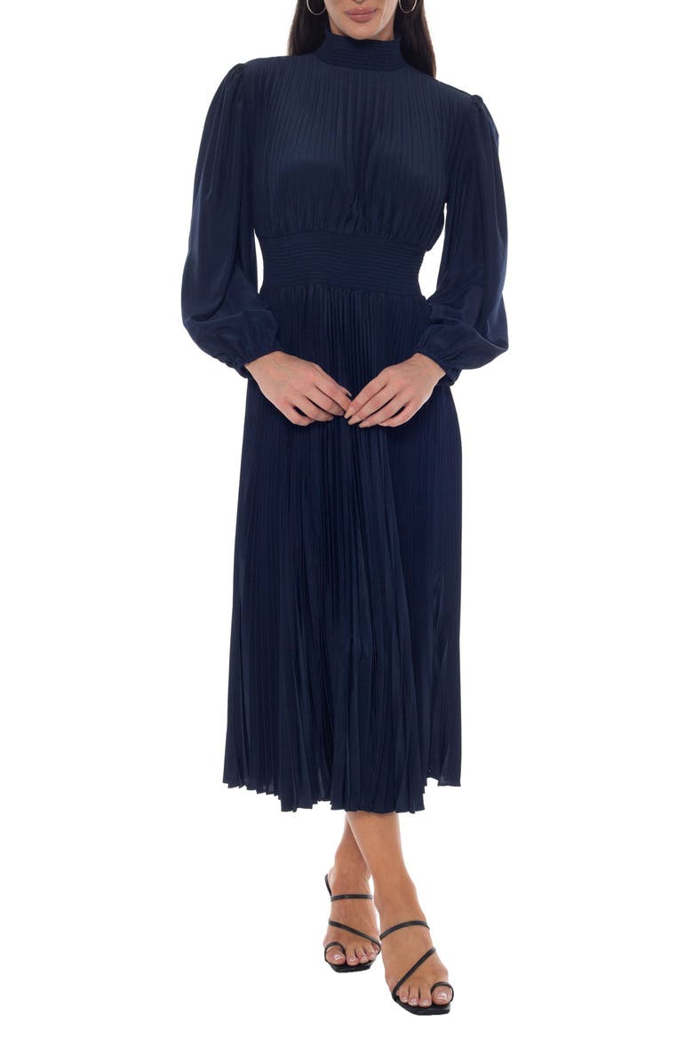 Pleated Long Sleeve Maxi Dress, Main, color, DARK NAVY