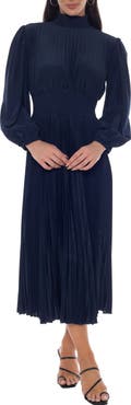 Oleg Cassini Pleated Long Sleeve Maxi Dress