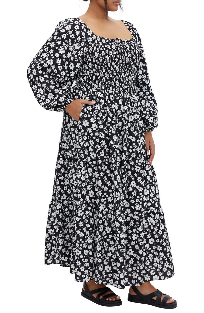 City Chic Alivia Floral Long Sleeve Tiered Maxi Dress, Alternate, color, Ivory/ Black Ditsy