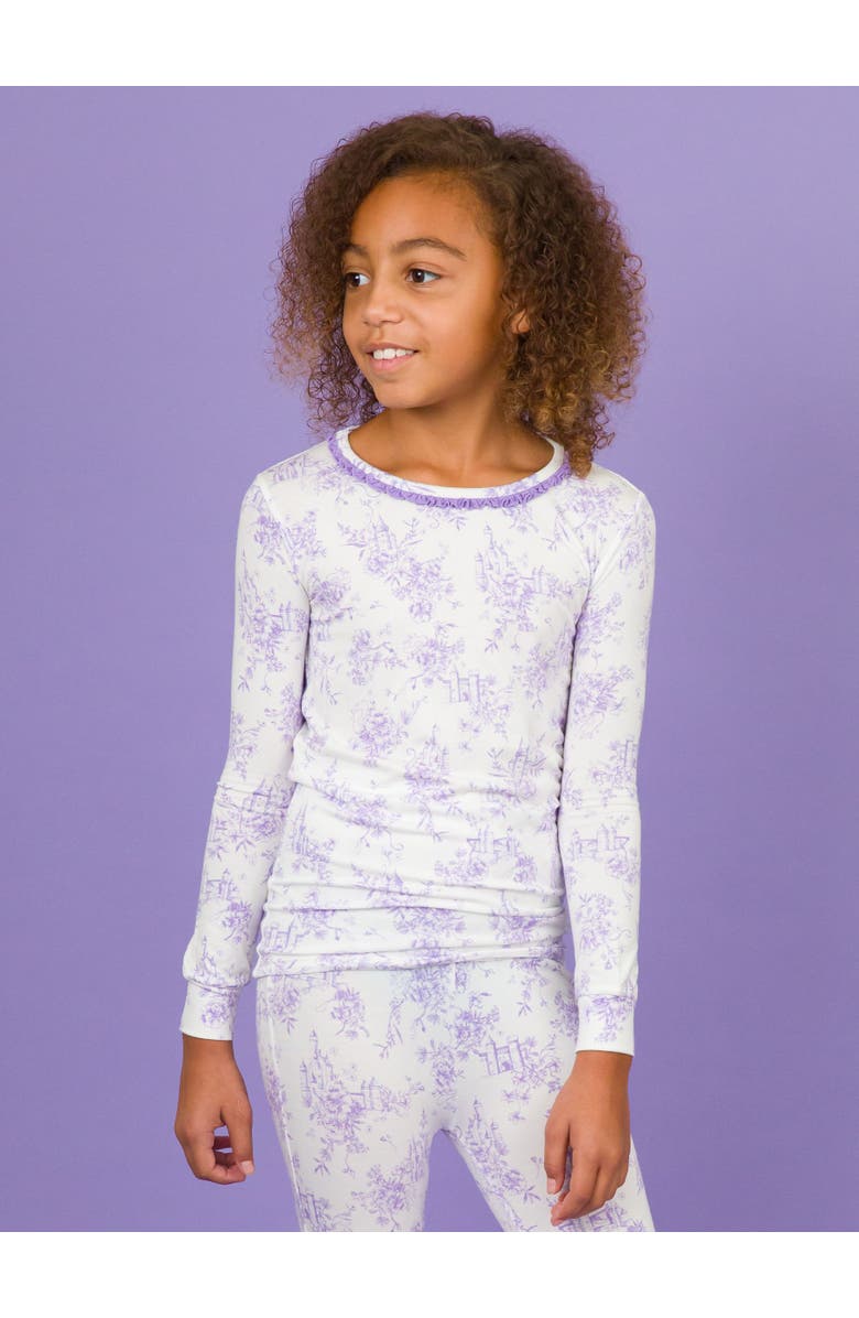 RuffleButts SoftSnooze Girls Ruffle Long Sleeve Pajama Set, Alternate, color, Purple Princess Castle Toile