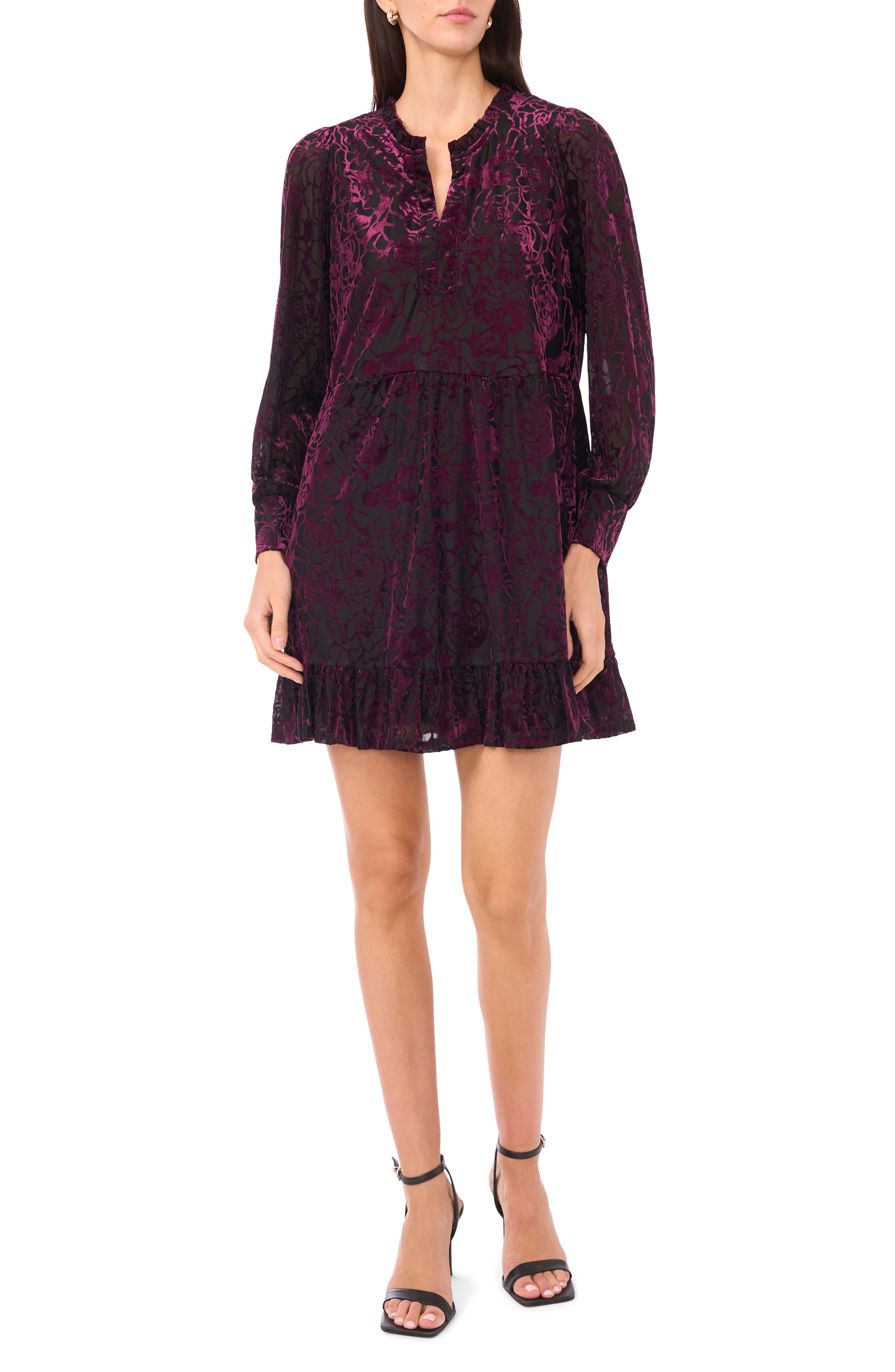 Velvet Floral Long Sleeve Babydoll Dress