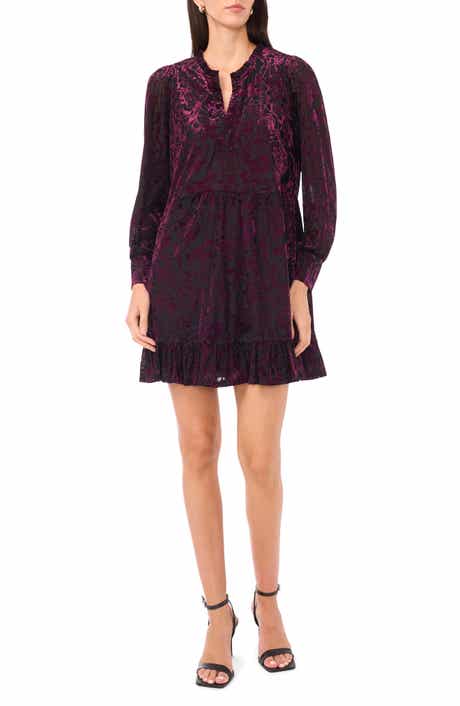 Velvet Floral Long Sleeve Babydoll Dress
