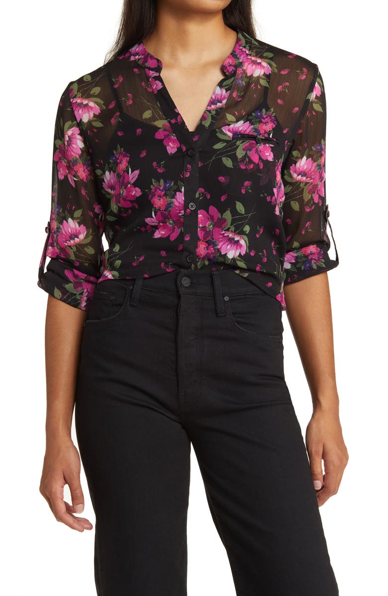KUT from the Kloth Jasmine Chiffon Button-Up Shirt, Main, color, Chelles Bouquet Black Purple