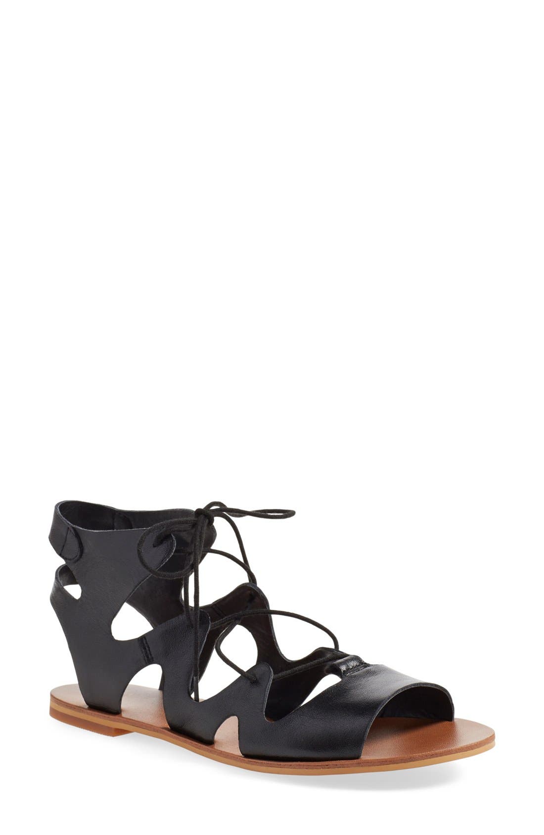 'Alyona' Lace-Up Gladiator Sandal, Main, color, BLACK LEATHER