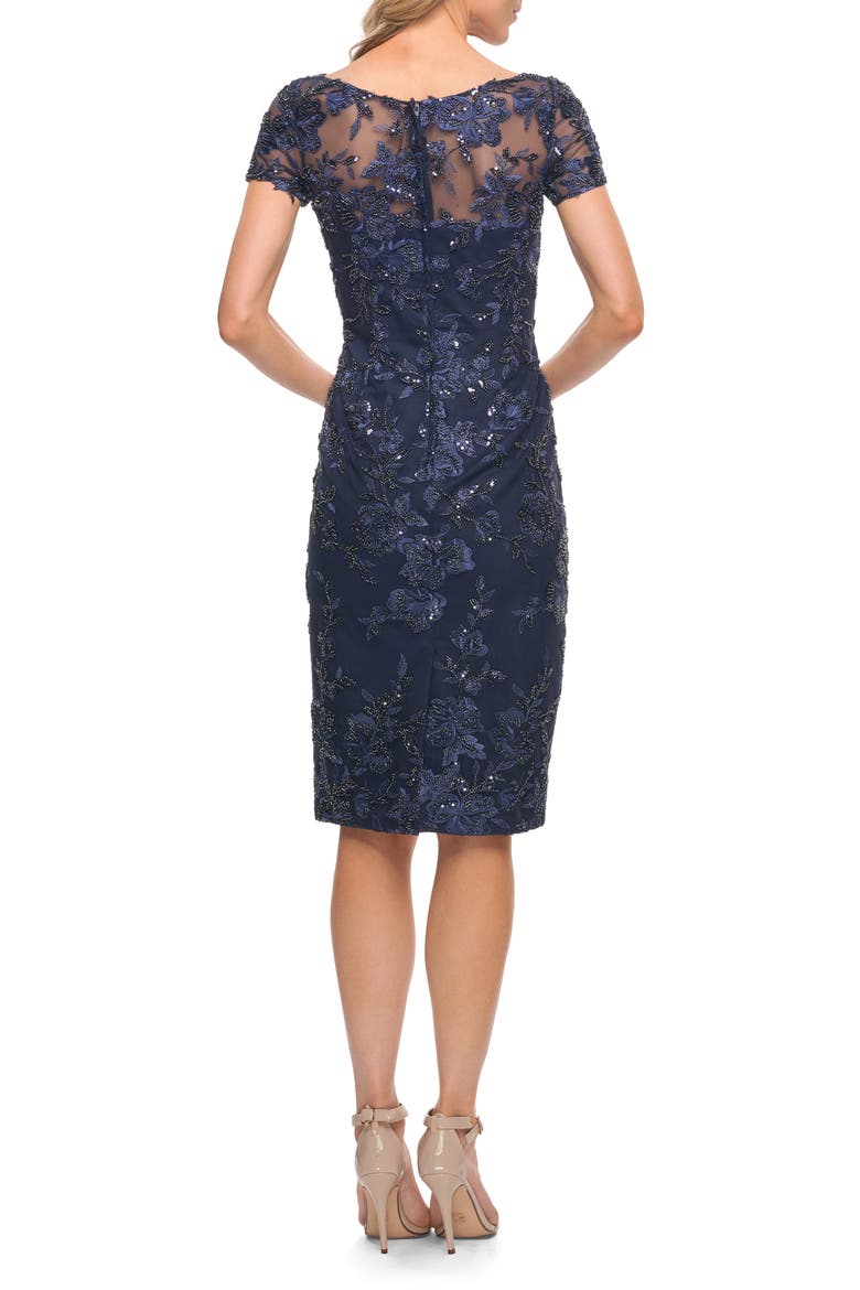 Lovely Floral Beaded Illusion Neck Sheath Dress, Alternate, color, NAVY