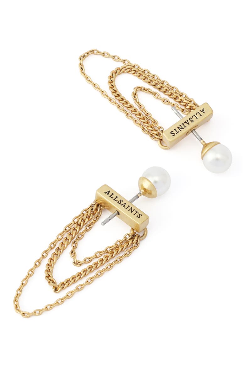 Faux Pearl Swag Chain Front/Back Earrings, Alternate, color, PEARL/ VINTAGE GOLD