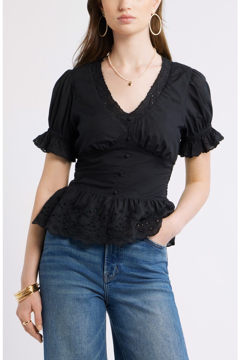 Cutwork Peplum Top, Main, color, BLACK