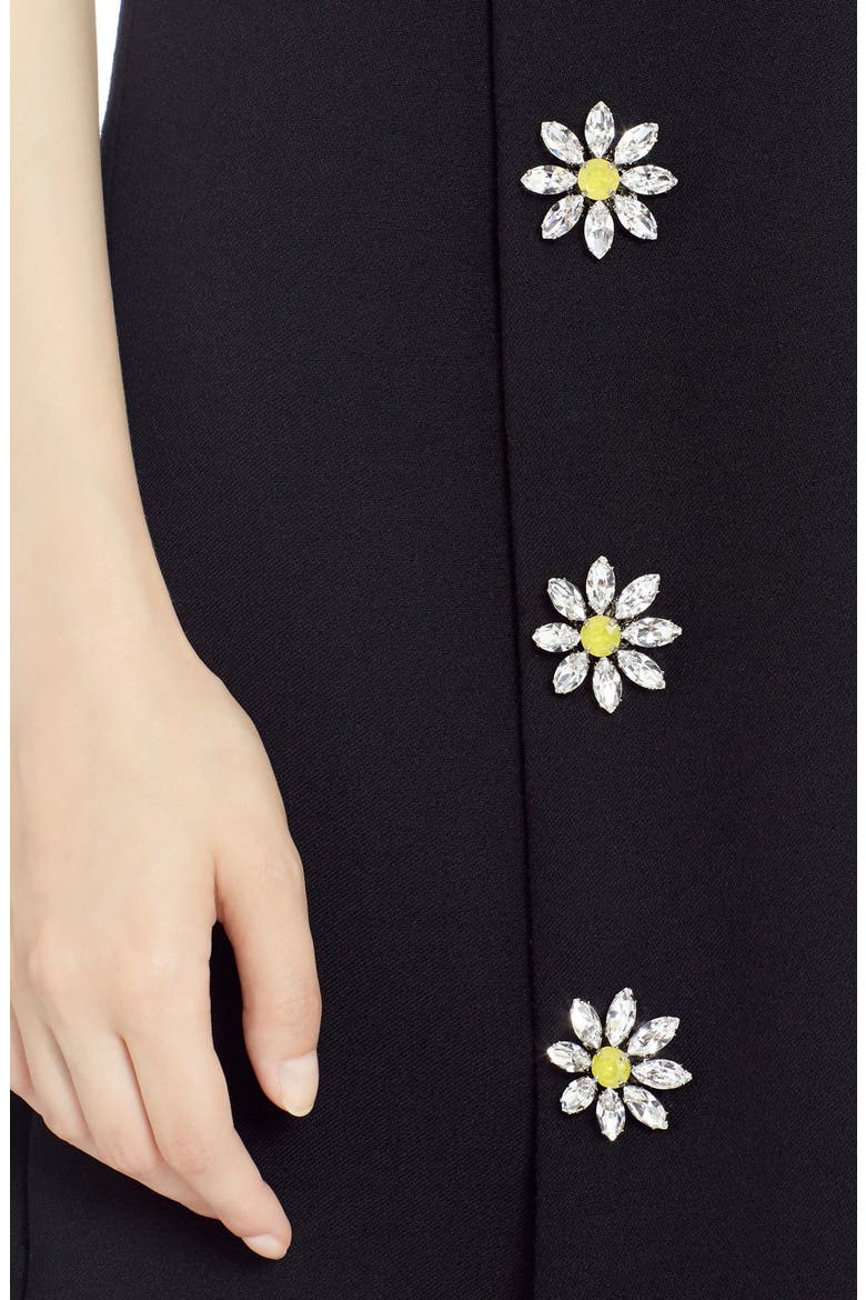 Daisy Crystal Button Wool Crepe Dress, Alternate, color, BLACK