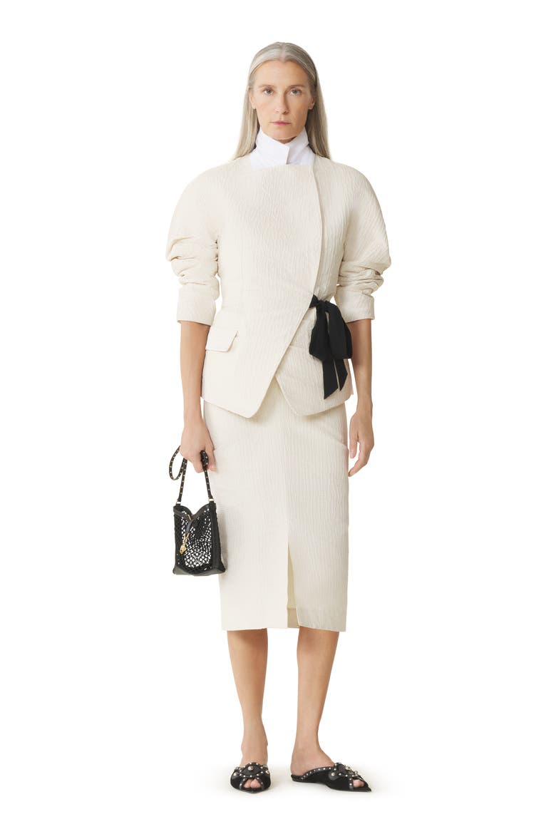 White Belted Jacquard Jacket, Main, color, Ecru