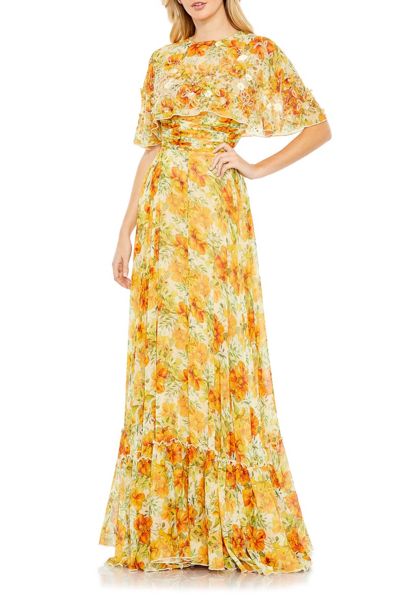 Floral Print High Neck Cape Sleeve A Line Gown, Main, color, YELLOW MULTI