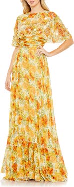 Mac Duggal Floral Print High Neck Cape Sleeve A Line Gown