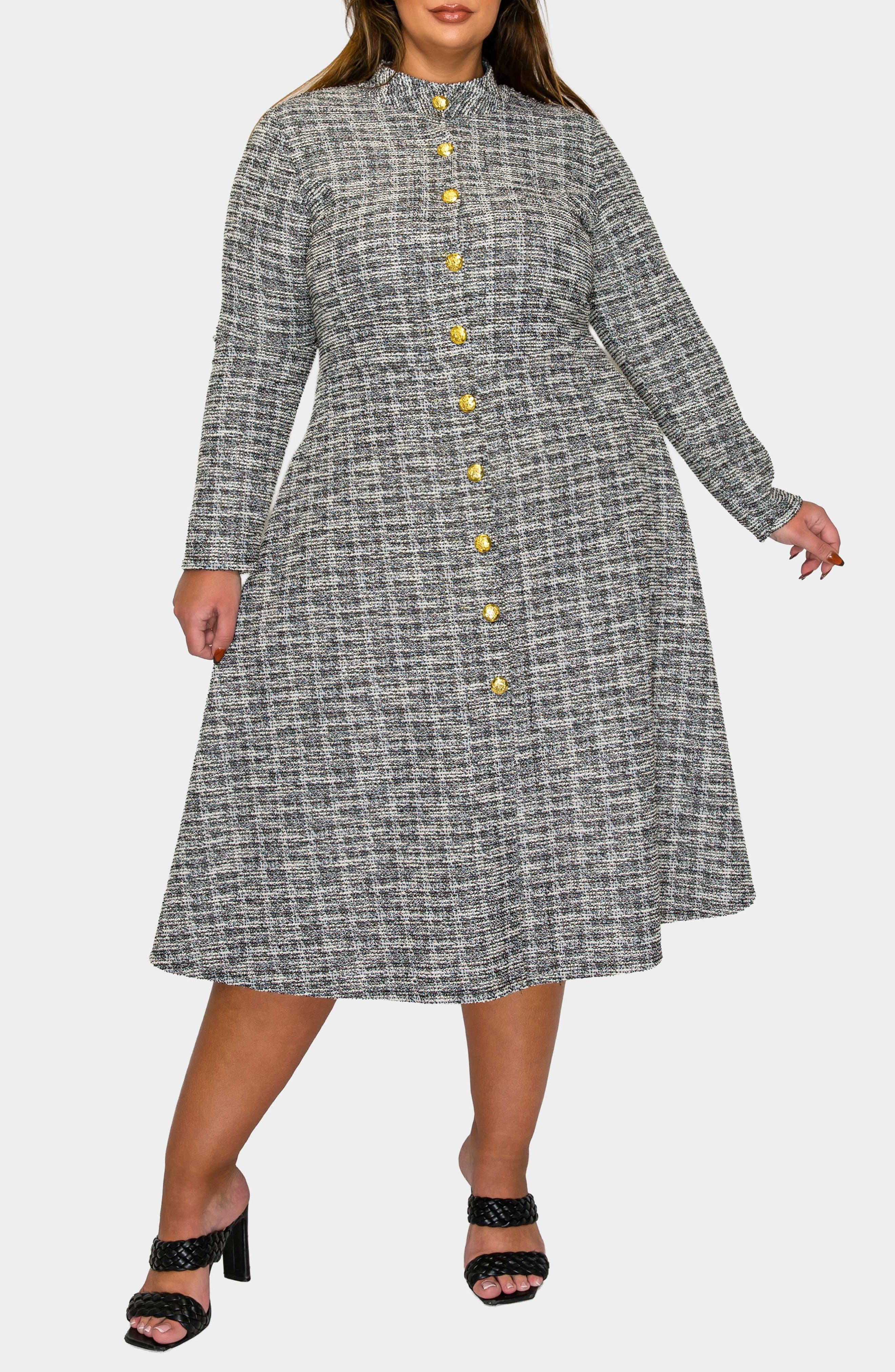 tweed midi dress long sleeve Wool Autumn Midi Dress