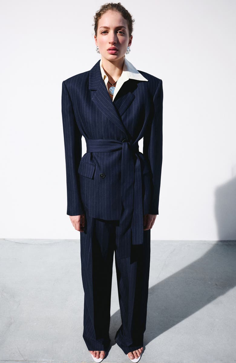 MANGO Pinstripe Suit Pants, Alternate, color, Navy