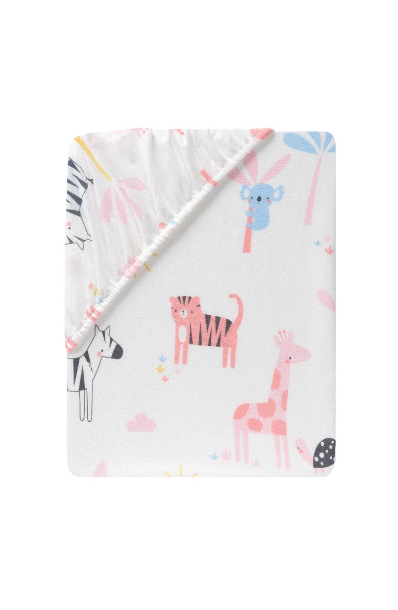 Lambs & Ivy Snuggle Jungle Pastel Safari Cotton Jersey Baby Fitted Crib Sheet, Alternate, color, White Multi