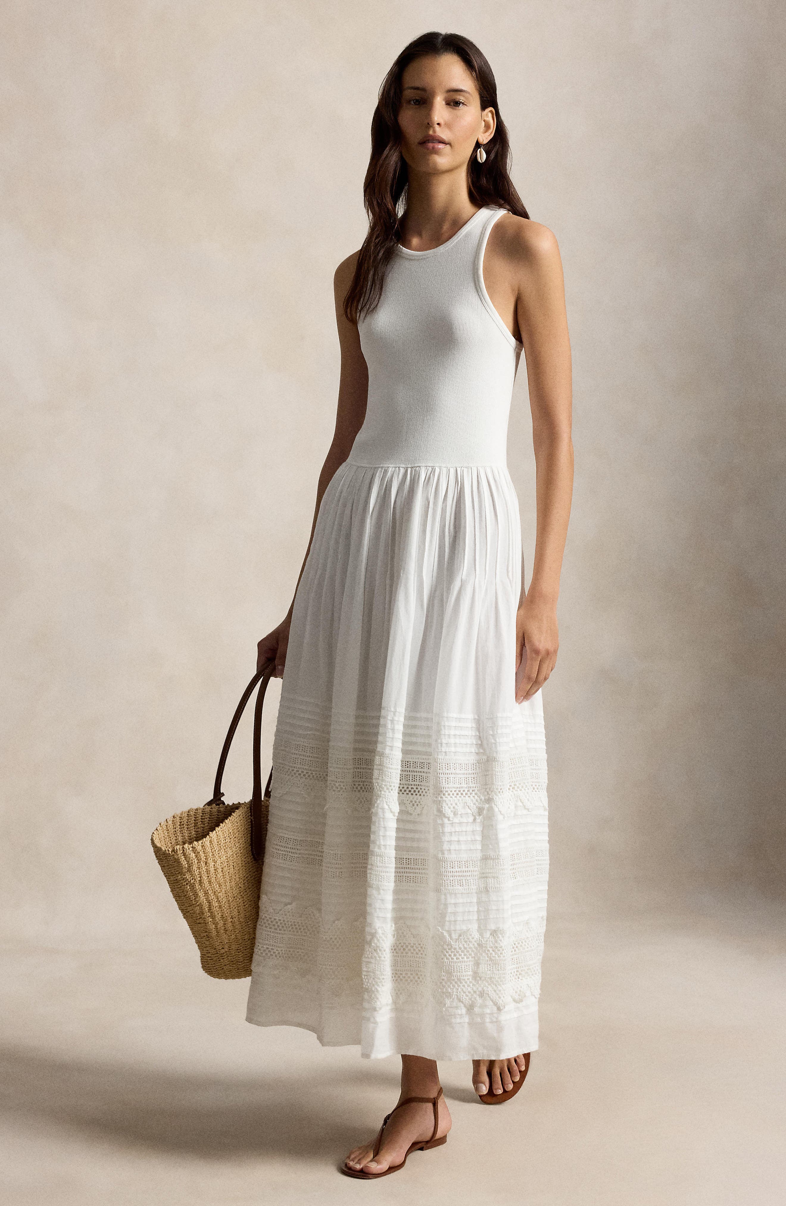 Lace & Pintuck Detail Stretch Cotton Blend Tank Dress - image 2