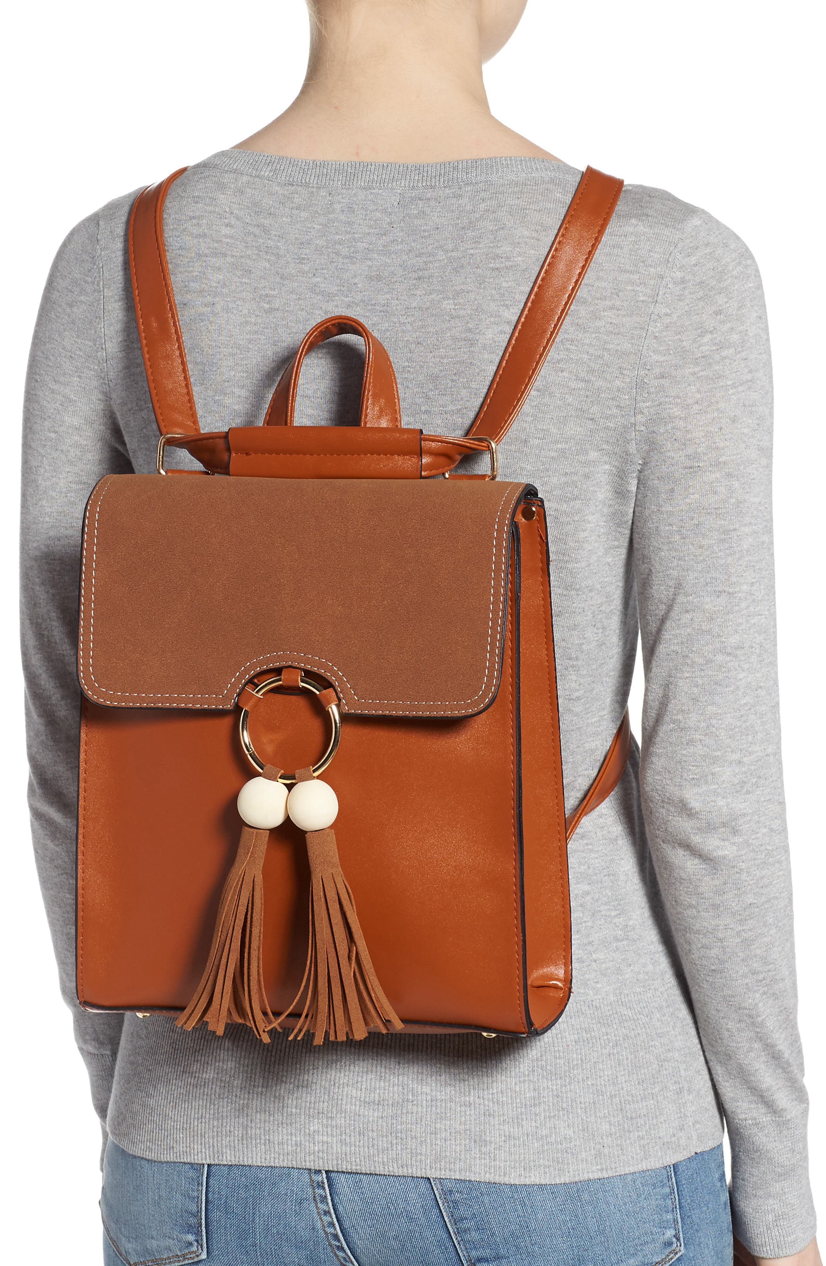 Beaded Tassel Faux Leather Backpack, Alternate, color, BROWN