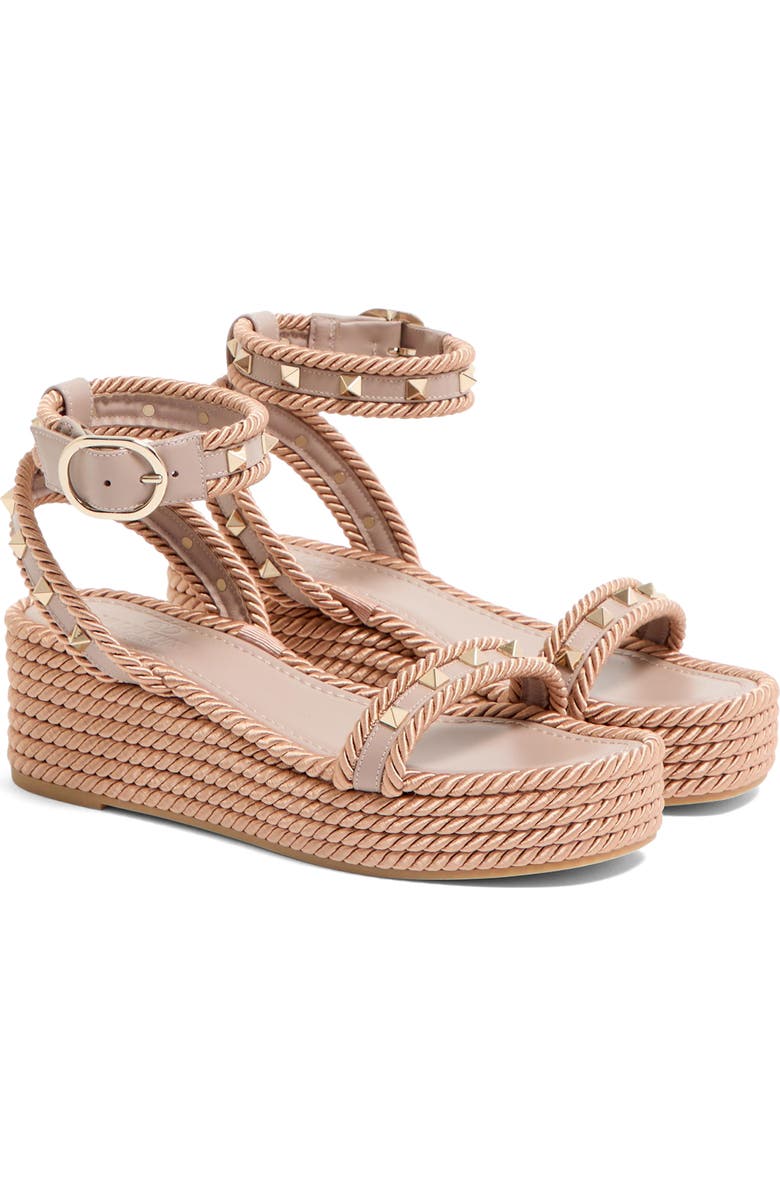 Valentino Garavani Rockstud Espadrille Wedge Sandal, Main, color, Poudre