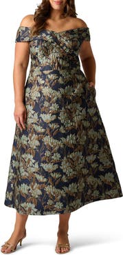 Adrianna Papell Metallic Floral Jacquard Off the Shoulder Gown