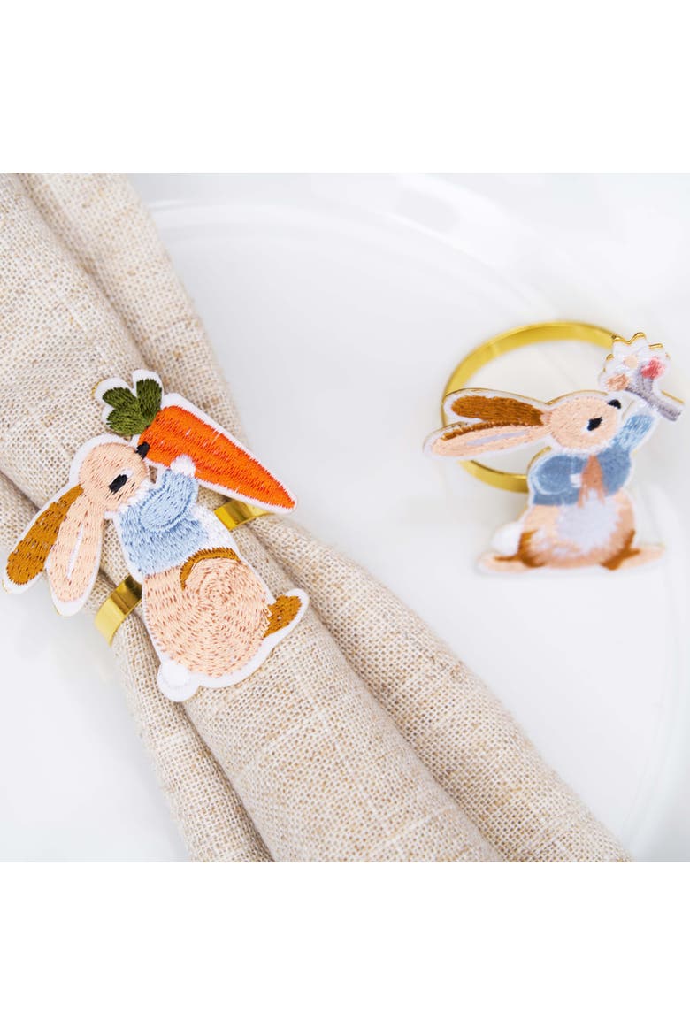 Easter Rabbit Holding Carrot Decorative Set of 4 Gold Napkin Rings, Alternate, color, Brown