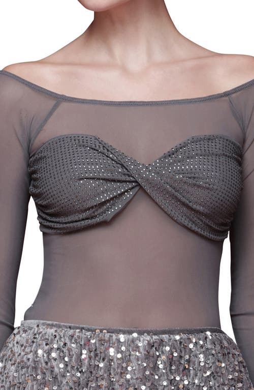 Avec Les Filles Crystal Accent Bandeau Mesh Top In Gray
