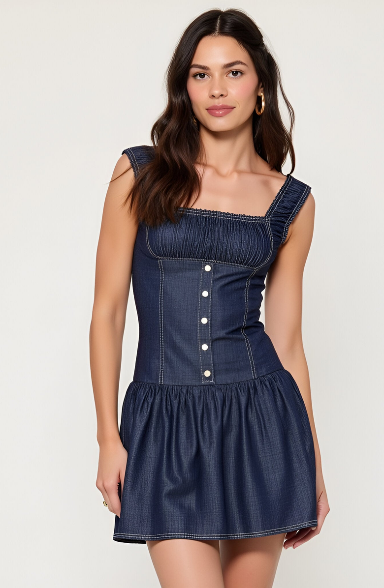 Modenaire Denim Mini Dress with Ruched Square Neckline and Front Button Detail, Main, color, 