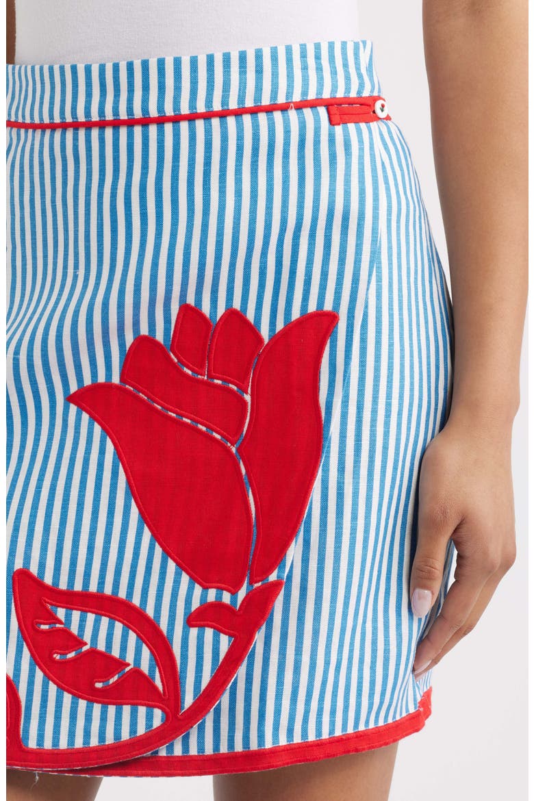 Blue Sky Stripes Floral Appliqué Linen Blend Wrap Miniskirt, Alternate, color, BLUE