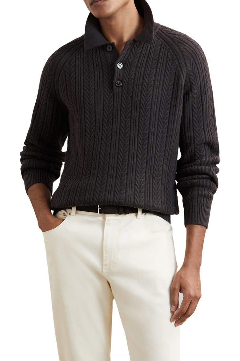 Evesham Cable Stitch Polo Sweater, Main, color, CHOCOLATE BROWN