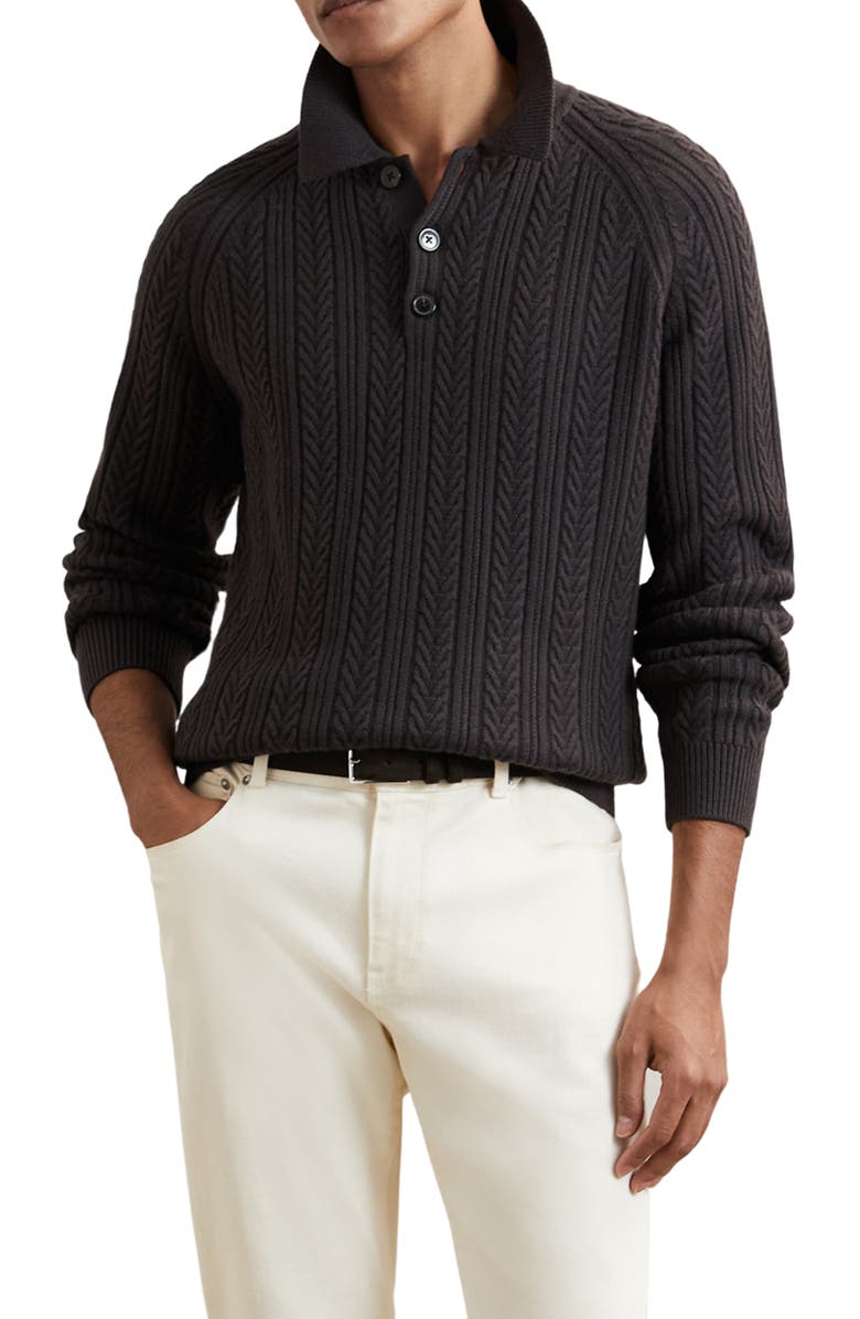 Reiss Evesham Cable Stitch Polo Sweater, Main, color, Chocolate Brown