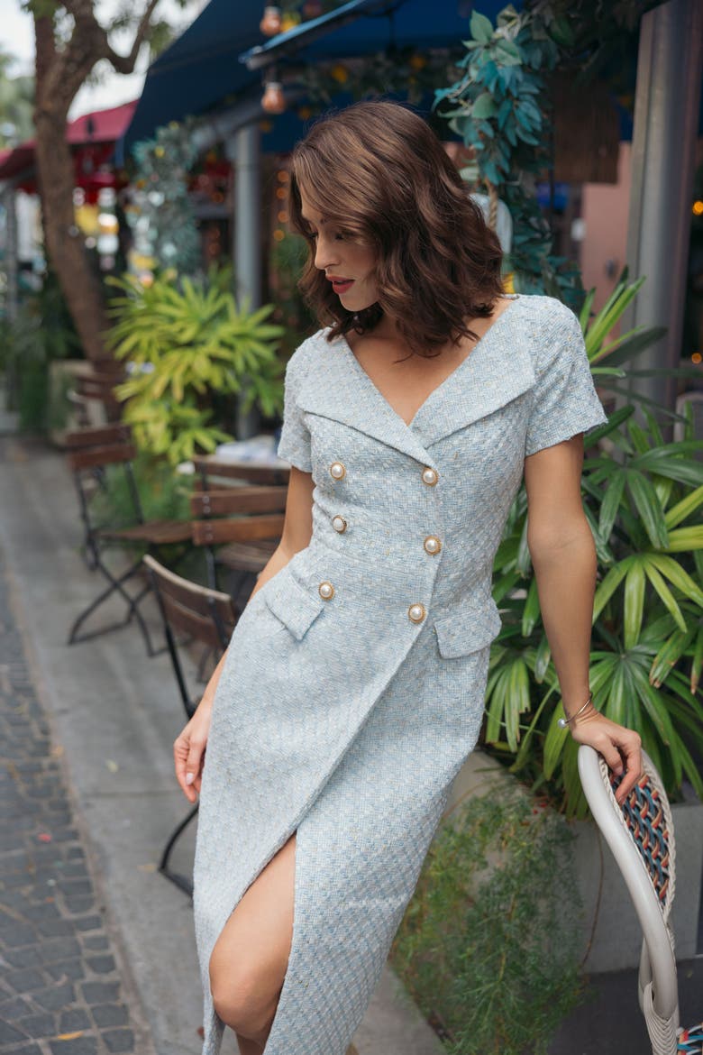 Bouclé Cap Sleeve Belted Fitted Midi Dress, Alternate, color, Powder Blue