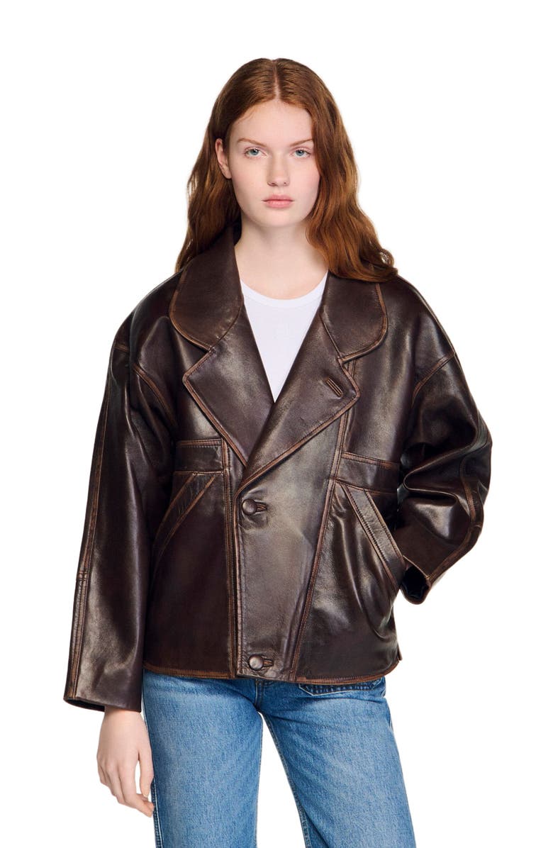 SANDRO Oversized leather jacket, Main, color, Brown