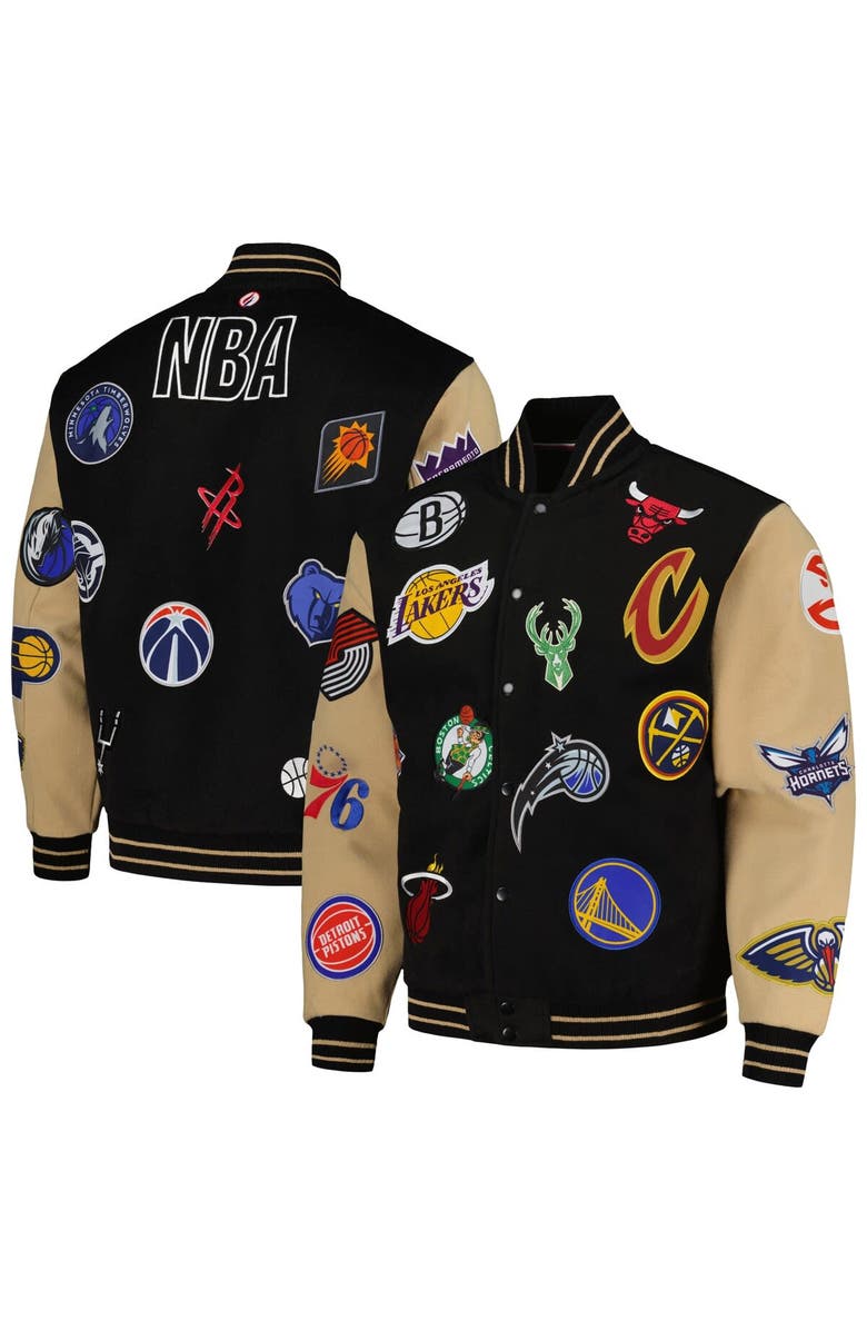 FISLL Men's FISLL Black/Khaki NBA All Logo Aviator Wool Varsity Jacket, Main, color, 