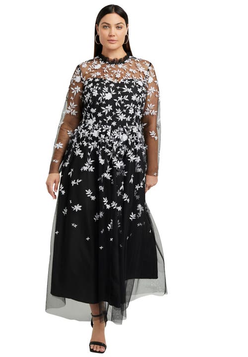 June + Vie Mesh-overlay Maxi Dress In Black