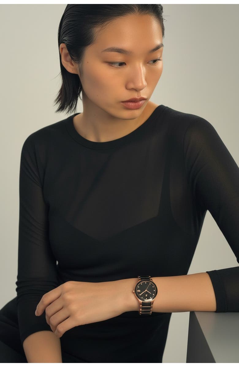 NCMPRBL Petite Link Miracle Ceramic Bracelet Watch, 34MM, Alternate, color, Black/Rose Gold