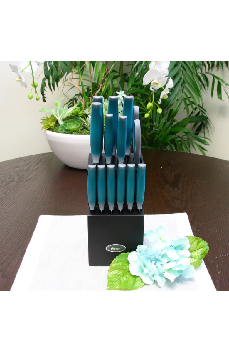 OSTER Lindbergh 14 Piece Stainless Steel Cutlery Set with Wooden Block, Alternate, color, Teal
