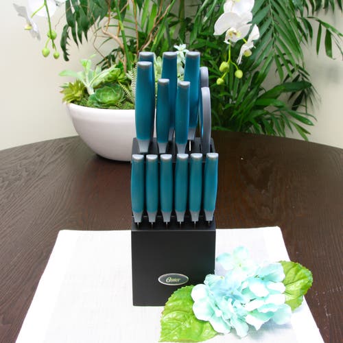 Oster Lindbergh 14 Piece Stainless Steel Cutlery Set With Wooden Block In Blue