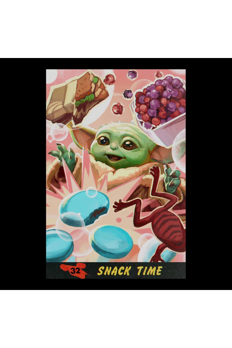 Juniors Star Wars The Mandalorian and Grogu The Child Snack Time Comic Art T Shirt, Alternate, color, Black