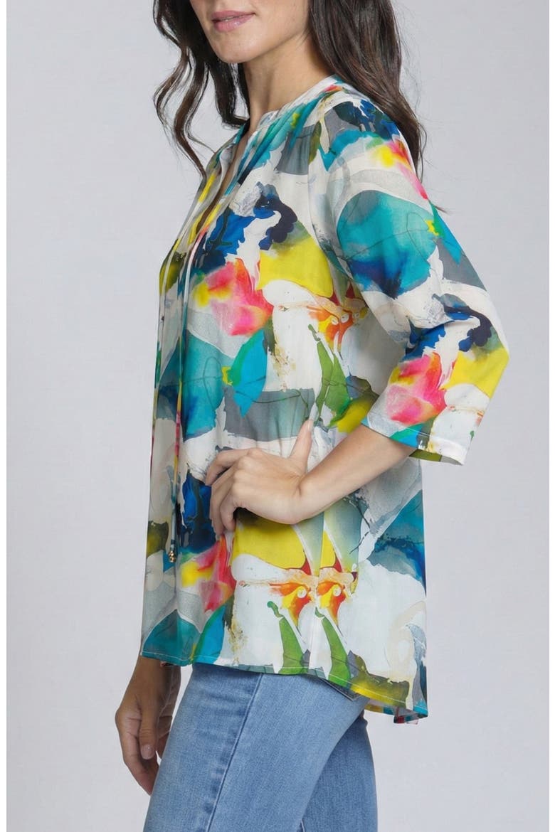 Print Tassel Split Neck Chiffon Top, Alternate, color, TEAL BLUE MULTI