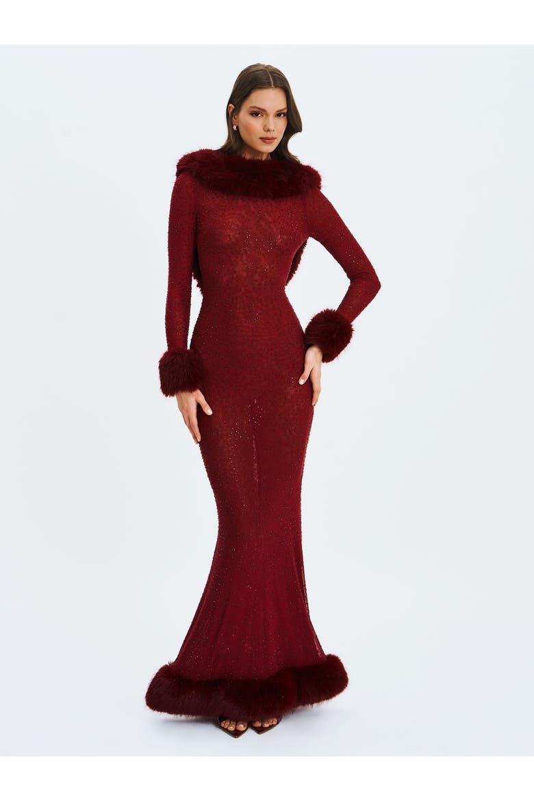 Melrose Petite-Length Rhinestone Mesh Low Back Mermaid Dress, Alternate, color, Burgundy