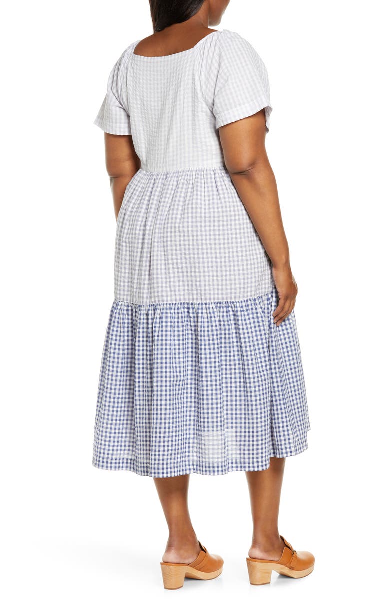 Madewell Patchwork Gingham Button Front Tiered Midi Dress, Alternate, color, 