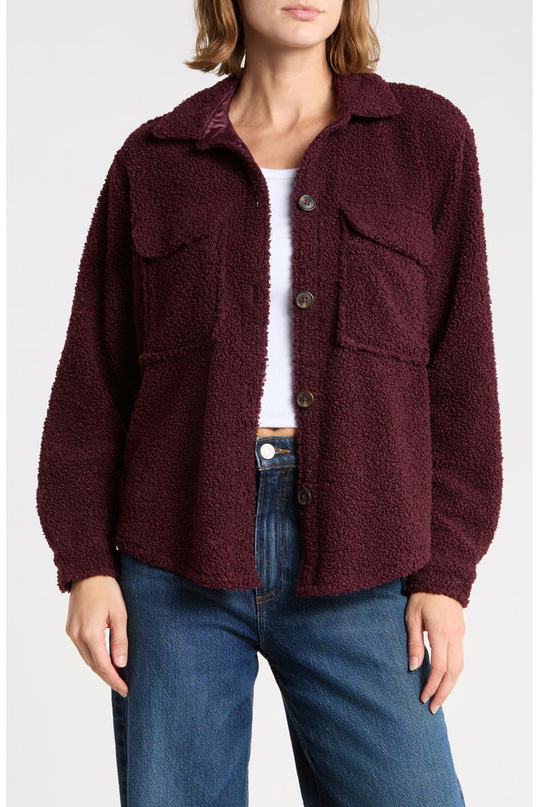 Tory Boxy Crop Faux Shearling Shirt Jacket, Main, color, AGED BORDEAUX
