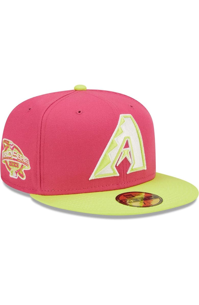 New Era Men's New Era Pink Arizona Diamondbacks 2001 World Series Champions Beetroot Cyber 59FIFTY Fitted Hat, Main, color, 